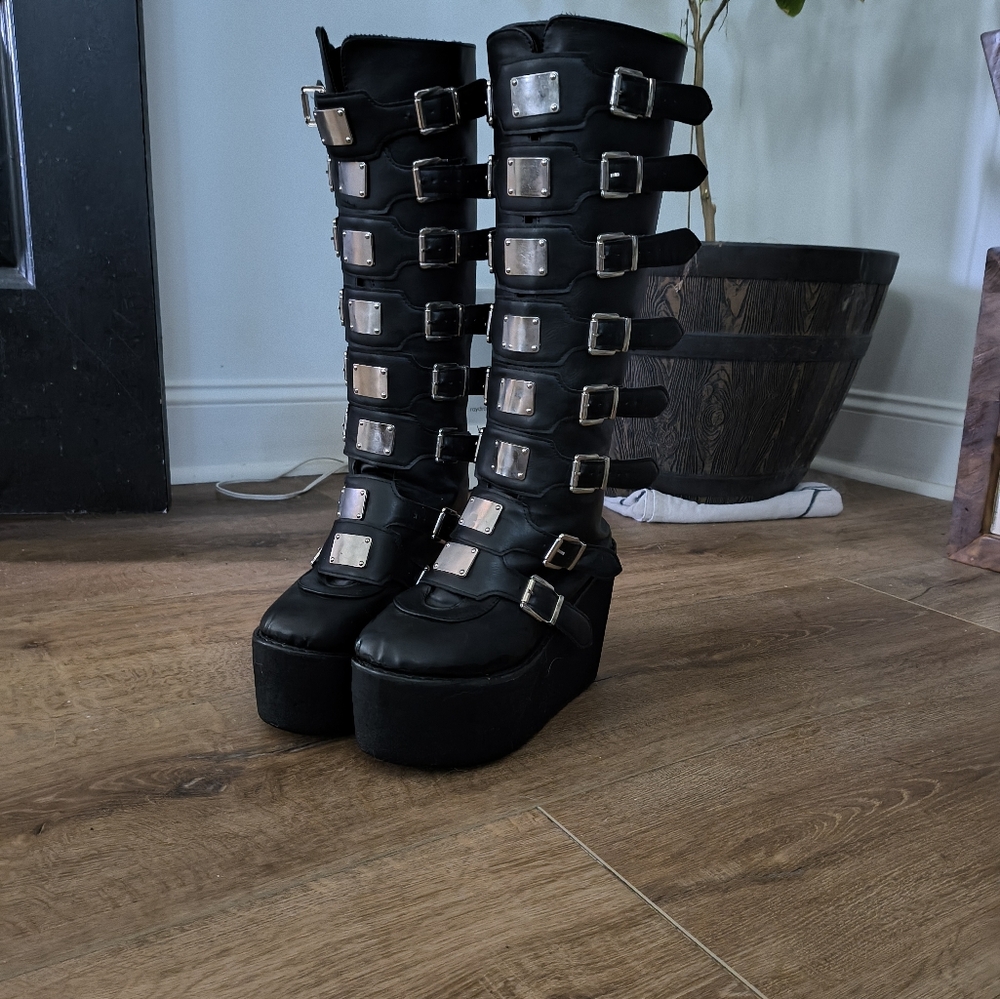 Women's Black Platform Buckle Boots